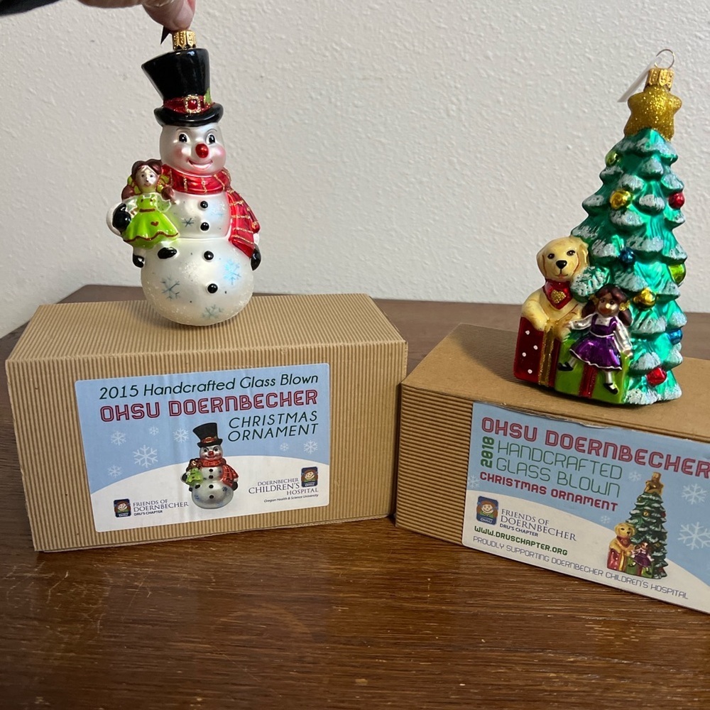 OHSU Doernbecher Handcrafted Glass Ornaments Set 2015 Snowman + 2018 Tree NIB